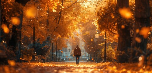 a person is walking down a path during the autumn fal