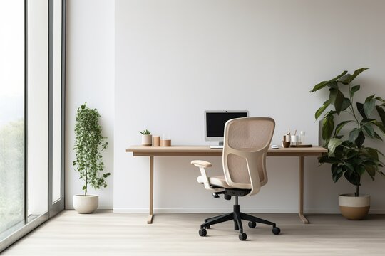 Immerse yourself in a lifelike image of a minimalist office, where every detail has been thoughtfully designed to create a harmonious and inspiring work environment