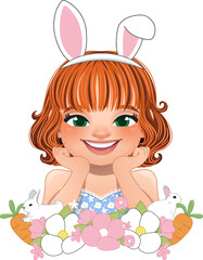 Happy Easter Day with Smiling Girl Posing Hand Under Chin Wearing Bunny Ears Headband Cartoon Character PNG