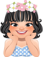 Smiling Girl Posing Hand Under Chin Wearing Spring Flower Headband Cartoon Character PNG