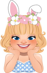 Obraz na płótnie Canvas Happy Easter Day with Smiling Girl Posing Hand Under Chin Wearing Bunny Ears Headband Cartoon Character PNG
