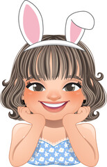 Happy Easter Day with Smiling Girl Posing Hand Under Chin Wearing Bunny Ears Headband Cartoon Character PNG
