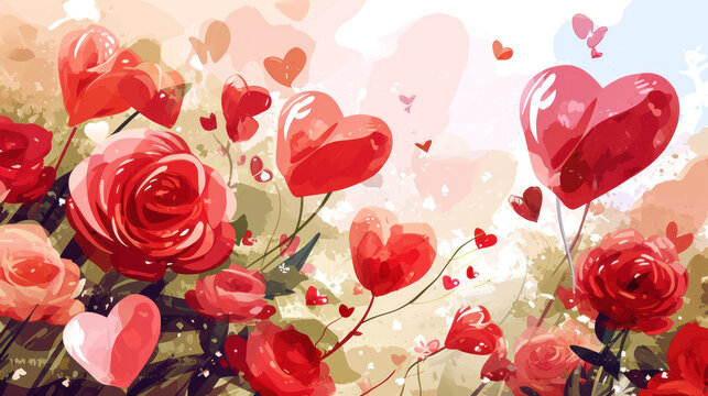  a painting of a bunch of red roses with hearts on a white and pink background with a splash of paint on the bottom half of the image and bottom half of the image.