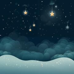 Fototapeta premium Illustration of Starry winter night with golden stars above snowy hills