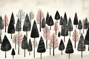 Painting of Trees With Pink and Black Leaves