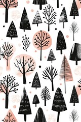 Pattern of Trees and Dots on White Background