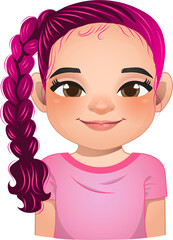 Little girl face, avatar, kid head with long hair pigtail cartoon PNG
