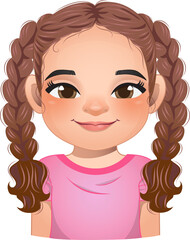 Little girl face, avatar, kid head with long hair pigtail cartoon PNG