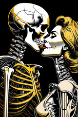 Cartoon skeleton woman and man retro black and white gothic