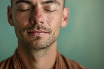 Close-up studio portrait of a man with a serene, zen-inspired look, isolated on a soft green background