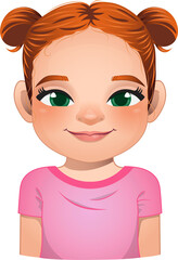 Little girl face, avatar, kid head with long curly hair and bun hairstyle cartoon PNG