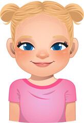 Little girl face, avatar, kid head with long curly hair and bun hairstyle cartoon PNG