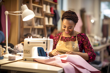 african american fashion designer working on sewing machine at studio. - Powered by Adobe