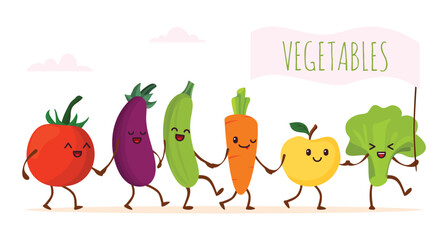 Funny cartoon vegetable walking, vector illustration. Happy healthy food character, cute green organic product. Fresh vegetarian diet concept, smile cheerful plant face, flat banner.