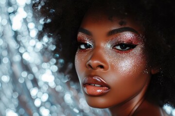 Close-up studio portrait of a woman with glittery eyeshadow, isolated on a silver background