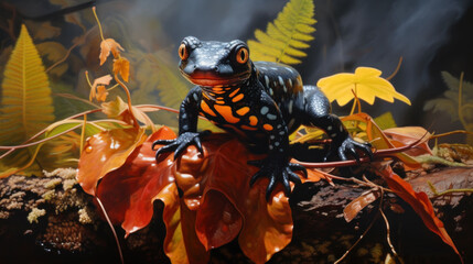  a painting of a frog sitting on a branch with leaves in the foreground and a fern in the background with smoke coming out of the top of its mouth.