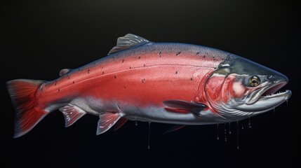 Fototapeta premium a painting of a salmon with its mouth open and it's mouth hanging off of the side of it's body, with water dripping from it's mouth.
