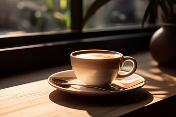 Fototapeta premium Indulge in the visual delight of a perfectly brewed and aromatic cup of coffee resting on a simple and sleek table