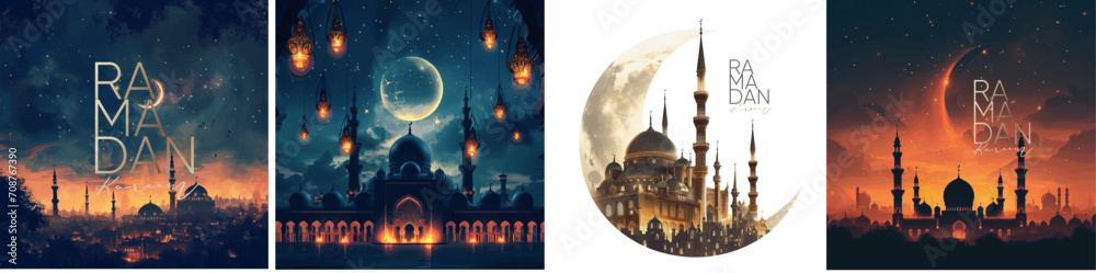 Wall mural ramadan kareem. vector illustration of a festive night city with mosque silhouette, traditional lant