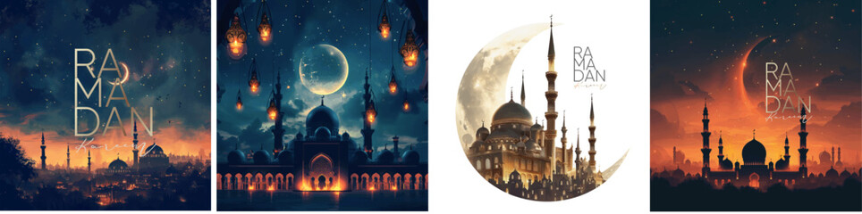 Ramadan kareem. Vector illustration of a festive night city with mosque silhouette, traditional lanterns and crescent moon for greeting card, postcard or background - obrazy, fototapety, plakaty
