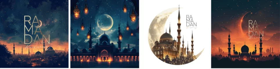 Foto op Aluminium Ramadan kareem. Vector illustration of a festive night city with mosque silhouette, traditional lanterns and crescent moon for greeting card, postcard or background © Ardea-studio