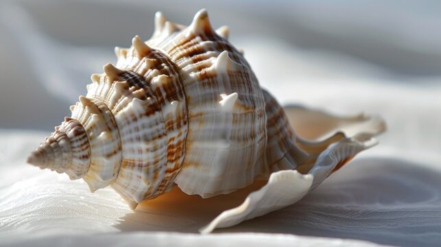  a close - up of a sea shell on a white sheet with a soft back drop of light from the top of the shell to the bottom of the shell.