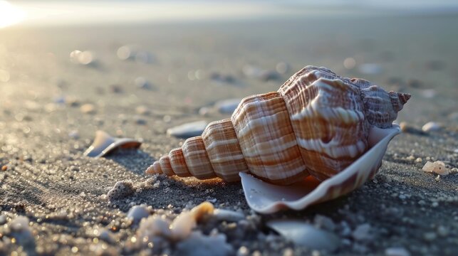  a close up of a sea shell on a beach with the sun shining in the background and sand and shells in the foreground, with small bubbles in the foreground.