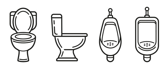 Toilet seat, male urinal bowl in public restroom, ceramic men pissoir, flushing water closet in WC lavatory line icon set. Washroom wall urine pan. Bathroom plumbing. Hygiene sanitary equipment vector