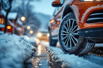 Winter tire. SUV car on snowy main street - obrazy, fototapety, plakaty