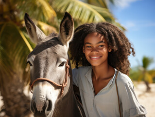 Curly girl with donkey in the sea of tropical islands during the day