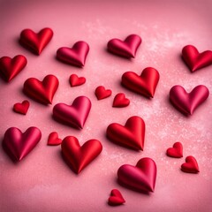 Fototapeta premium Red silk hearts on a pink concrete background