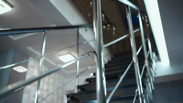 modern metal and glass staircase with handrail, chrome style stairs with railing