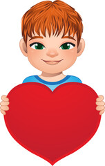Valentine day with little boy with short hair hairstyle holding red heart cartoon PNG