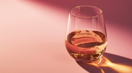  a close up of a glass of wine on a table with a light reflecting off the side of the glass and a shadow of the wine glass on the table.