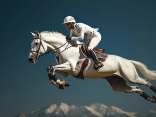 Foto auf Acrylglas White horse rider jumping during the championship © Kedek Creative