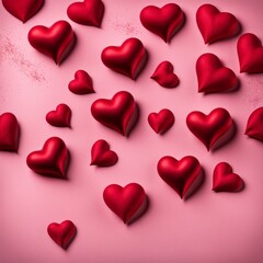 Fototapeta premium Red silk hearts on a pink concrete background