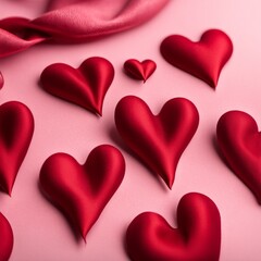 Fototapeta premium Red silk hearts on a pink concrete background