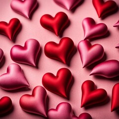 Fototapeta premium Red silk hearts on a pink concrete background