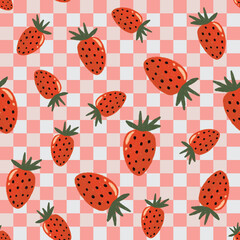 checkered red pastel seamless pattern with strawberries