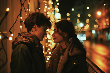 Young teen couple on their first date. Teenage boy and teenage girl celebrating Valentine's Day. Boyfriend and girlfriend spending time together outdoors. First love concept.