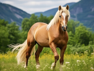 Obraz premium Beautiful pony with long white mane walking in the field in summer