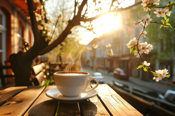 Cup of coffee on a table of outdoor cafe on sunny spring day in typical European town. Having a cup of hot beverage in the morning.