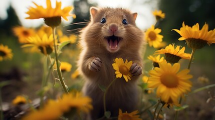 Small Rodent Surrounded by Yellow Flowers - obrazy, fototapety, plakaty