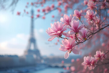 Typical Parisian postcard view of pink magnolia flowers in full bloom on a backdrop of French cityscape. Early spring in Paris, France.