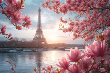 Typical Parisian postcard view of pink magnolia flowers in full bloom on a backdrop of French cityscape. Early spring in Paris, France.