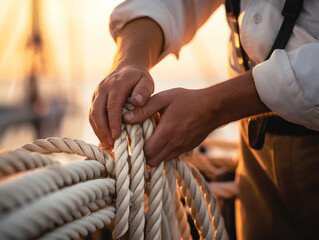 Ship workers tie ship ropes at the pier, fishermen pull over at the dock