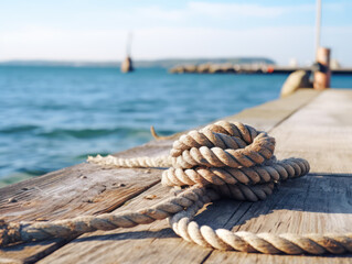 Rope for mooring a vessel is attached to a pier, ropes for fishing boats at the pier