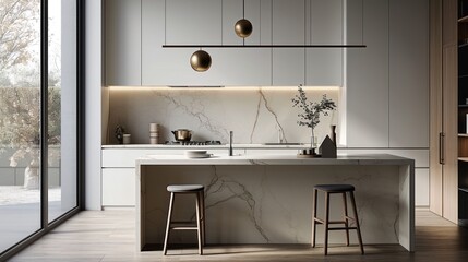  a kitchen with a marble counter top and two stools in front of a counter with a potted plant on it and a glass door leading to the outside.