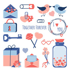 Valentines Day elements set. Different romantic objects. Vector illustration in cartoon style with love symbols. Perfect for banners, cards, invitations, packaging.