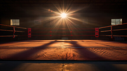 Empty boxing ring with spotlights, preparation for boxing match competition
